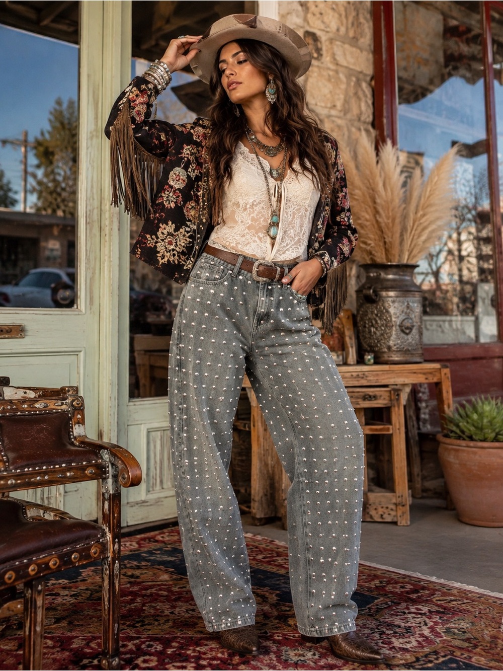 Studded Gray Barrel Jeans Western Maximalist Festival Cowboy Size 6-8